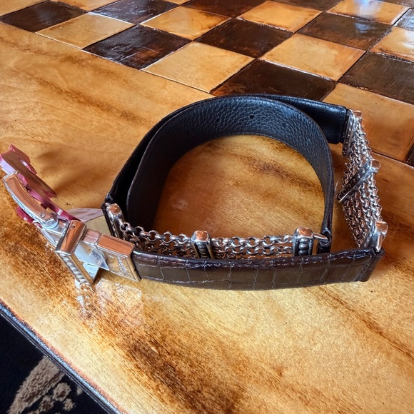 Brighton Reversible Black Brown Croc Leather Waist Belt with Silver Chain main image 4